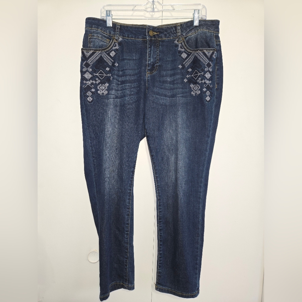 Westport Dark Blue Skinny Jeans with White Embroidered Detail Size‎ 12